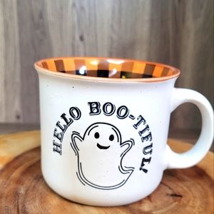 Large Coffee Mug HELLO BOO-TIFUL Ghost Cobwebs & Cauldrons Plaid Double Sided